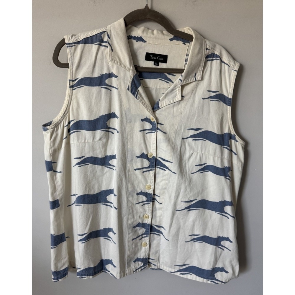 VTG 90s True Grit Sleeveless Button Down Top Western Horses White Blue Size XL
